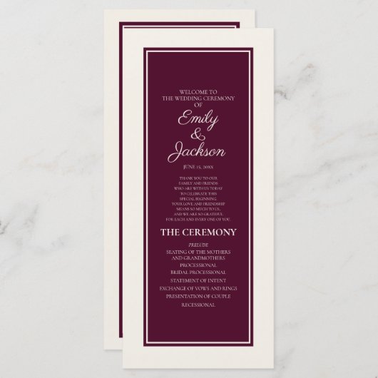 Modern Cream Burgundy Wedding Programme Programmakaart (Voorkant / Achterkant)