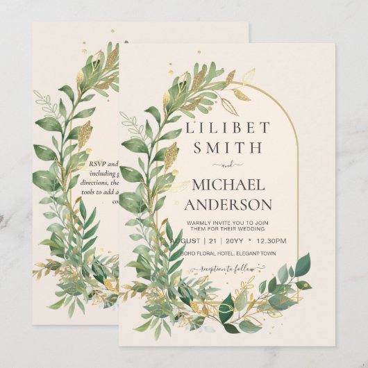 Modern Cream Gold Greenery Botanical Wedding Kaart (Voorkant / Achterkant)