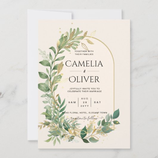 Modern Cream Gold Greenery Botanical Wedding Kaart (Voorkant)