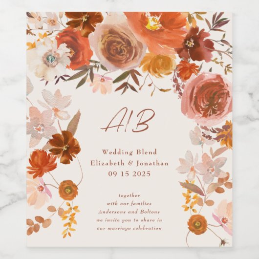 Modern Cream Oranje Terracotta Floral Wedding Wijn Etiket (Enkel label)