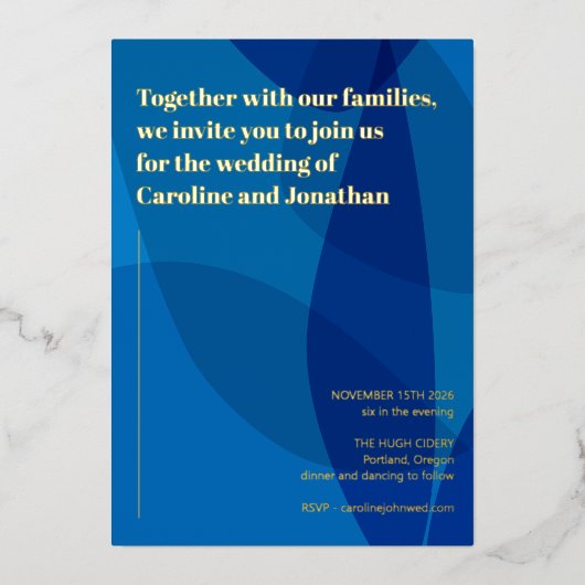 Modern Creative Boho Abstract Blue Wedding Gold Folie Uitnodiging (Voorkant)