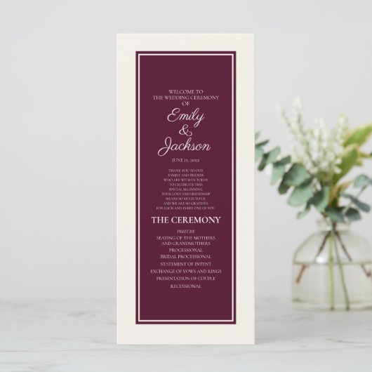 Modern Crème Bruiloftsprogramma Bordeaux Programmakaart (Staand voorkant)