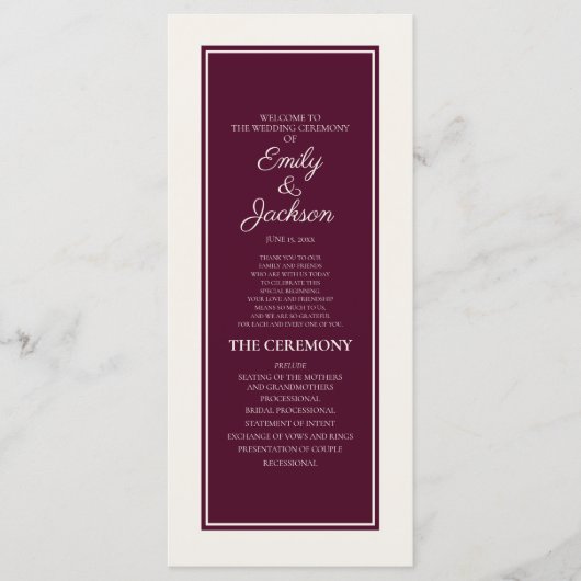 Modern Crème Bruiloftsprogramma Bordeaux Programmakaart (Voorkant)