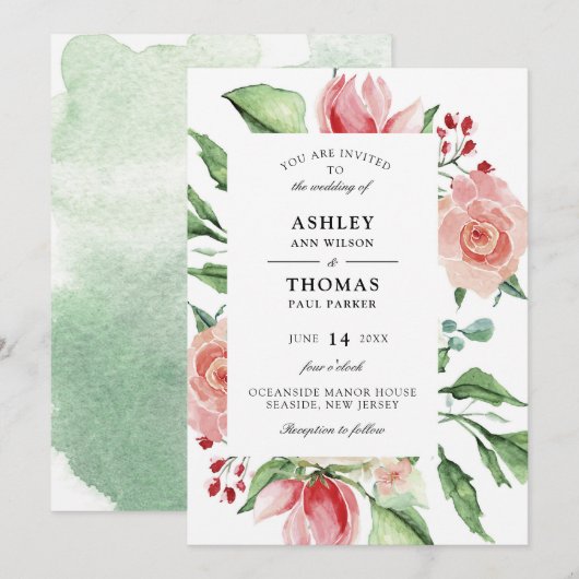 Modern Creme Roos Waterverf bruiloft uitnodiging (Voorkant / Achterkant)