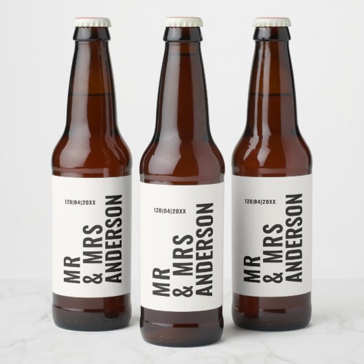 Modern crème zwart minimaal vet eenvoudig huwelijk bier etiket (Flessen)