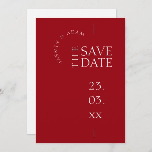 Modern Crimson Red Eenvoudige Typografie Bruiloft Save The Date (Voorkant / Achterkant)