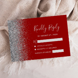Modern Crimson Red Silver Faux Glitter Edge RSVP Kaartje