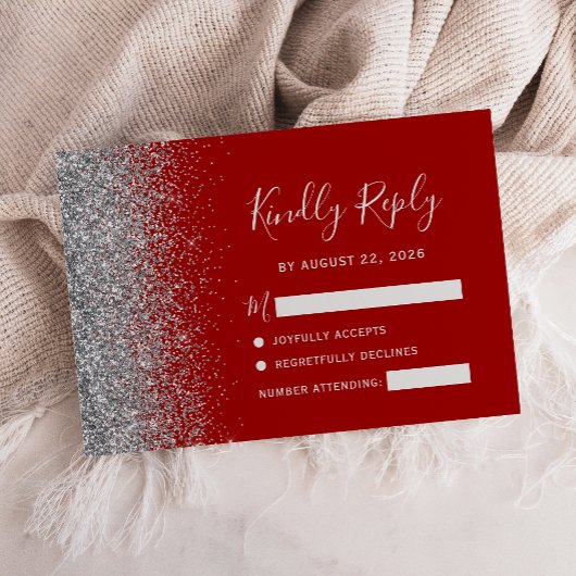 Modern Crimson Red Silver Faux Glitter Edge RSVP Kaartje