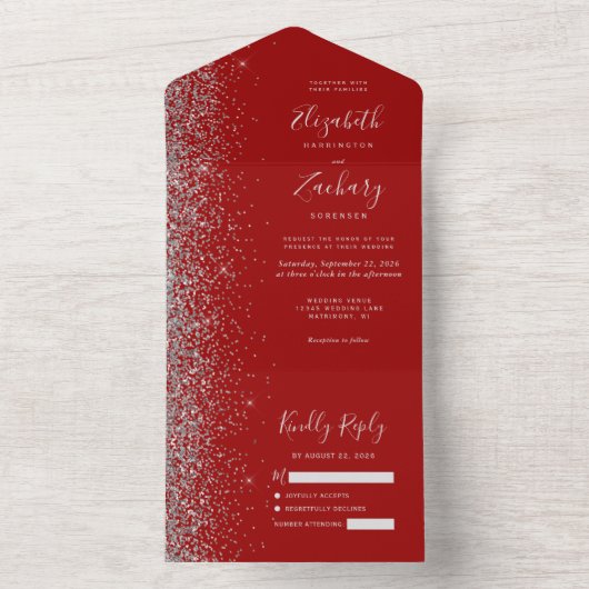 Modern Crimson Red Silver Glitter Bruiloft All In One Uitnodiging (Binnen)