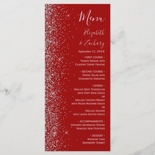 Modern Crimson Red Silver Glitter Edge Bruiloft Menu (Voorkant)