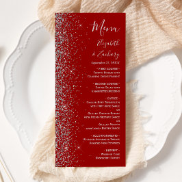 Modern Crimson Red Silver Glitter Edge Bruiloft Menu