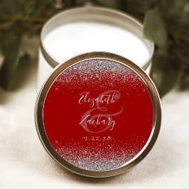 Modern Crimson Red Silver Glitter Edge Bruiloft Ronde Sticker