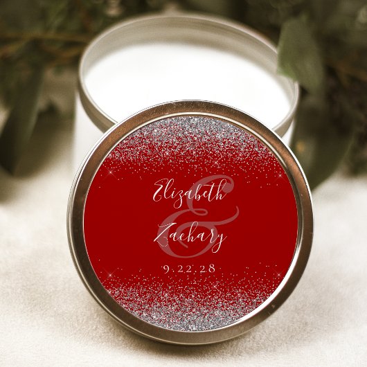 Modern Crimson Red Silver Glitter Edge Bruiloft Ronde Sticker