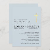 MODERN CROSS baptisme met minimale babyblauwe goud Kaart (Voorkant / Achterkant)