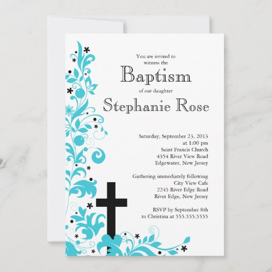 Modern Cross Blue Flower Baptism, Invitation Kaart (Voorkant)