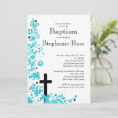 Modern Cross Blue Flower Baptism, Invitation Kaart (Staand voorkant)