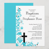 Modern Cross Blue Flower Baptism, Invitation Kaart (Voorkant / Achterkant)