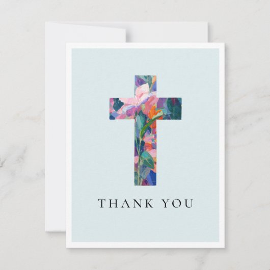 Modern Cross Floral Blue Baptism Photo Bedankkaart (Voorkant)