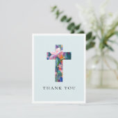 Modern Cross Floral Blue Baptism Photo Bedankkaart (Staand voorkant)