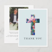 Modern Cross Floral Blue Baptism Photo Bedankkaart (Voorkant / Achterkant)