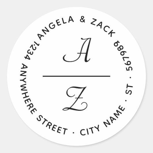 Modern Curly Script Koppel Initiaal Retouradres Ronde Sticker (Voorkant)