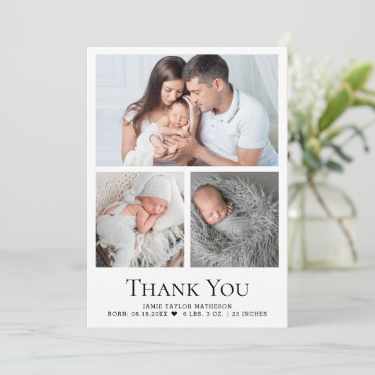 Modern Custom Baby 3 foto's Geboortestatistieken Bedankkaart (Staand voorkant)