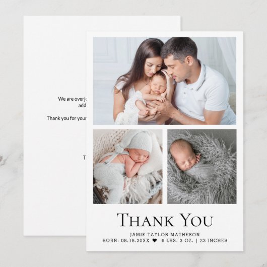 Modern Custom Baby 3 foto's Geboortestatistieken Bedankkaart (Voorkant / Achterkant)