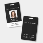 Modern Custom Black Photo ID Church Volunteer Badge (Voor- en achterkant)