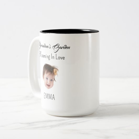 Modern Custom Gezicht Geboorte Oma's Tuin Papa Mam Tweekleurige Koffiemok (Voorkant links)