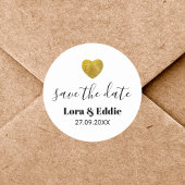 Modern Custom Gold Heart Bruiloft Save The Date Ronde Sticker