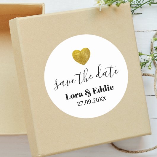 Modern Custom Gold Heart Bruiloft Save The Date Ronde Sticker