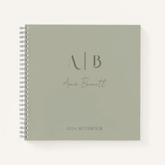 Modern Custom Monogram Initialen Naam Dusty Sage Notitieboek (Voorkant)