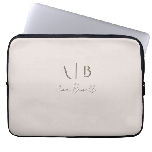 Modern Custom Monogram Initialen Naam Licht Beige Laptop Sleeve (Voorkant)