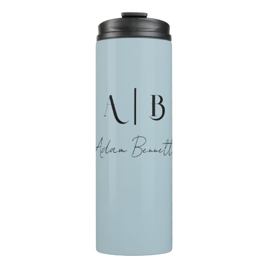 Modern Custom Monogram Initialen Naam Pastel Blauw Thermosbeker (Voorkant)