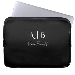 Modern Custom Monogram Initialen Naam Zwart Laptop Sleeve