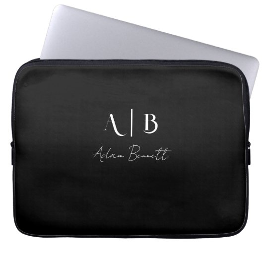 Modern Custom Monogram Initialen Naam Zwart Laptop Sleeve (Voorkant)