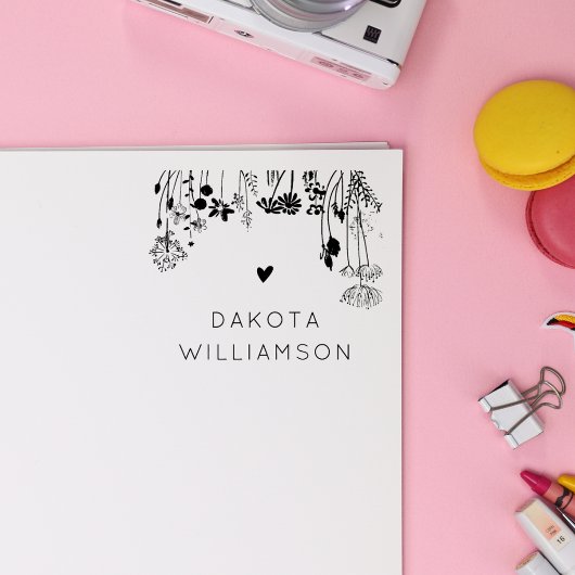 Modern Custom Name Heart Rustic Wildflowers Rubberstempel