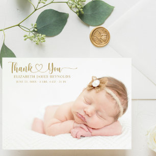 Modern Custom Pasgeboren Baby Photo Gold Heart Scr Bedankkaart