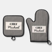 Modern Custom Personalized Chef Black Striped  Ovenwant & Pannenlap Set (Voorkant)