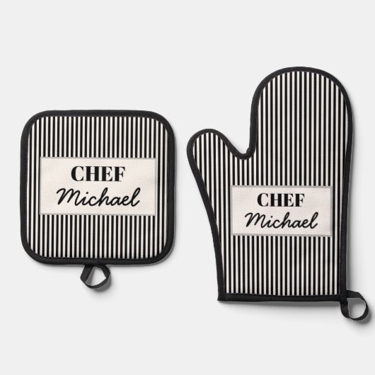 Modern Custom Personalized Chef Black Striped  Ovenwant & Pannenlap Set (Voorkant)
