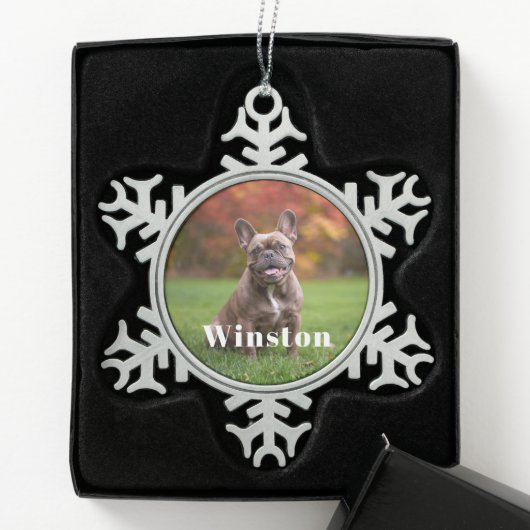 Modern Custom Pet Name Photo Holiday Tin Sneeuwvlok Ornament (Kistje)