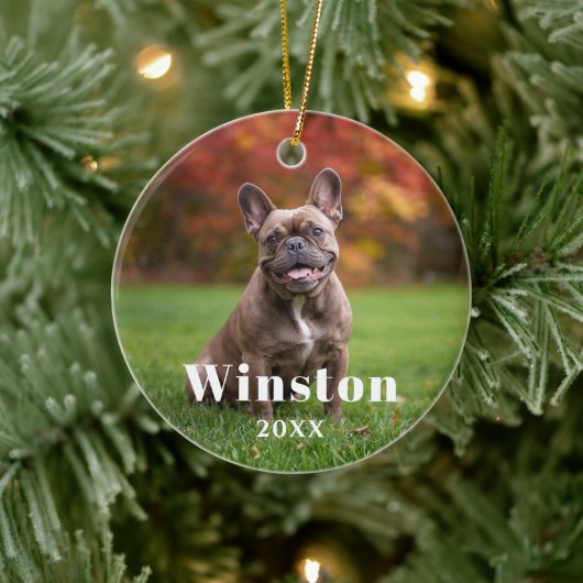 Modern Custom Pet Name Year Photo Holiday Keramisch Ornament (Boom)