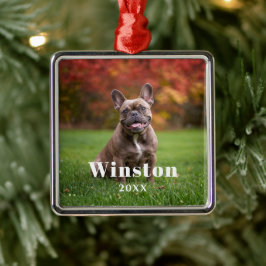 Modern Custom Pet Name Year Photo Holiday Metalen Ornament