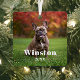 Modern Custom Pet Name Year Photo Holiday Metalen Ornament