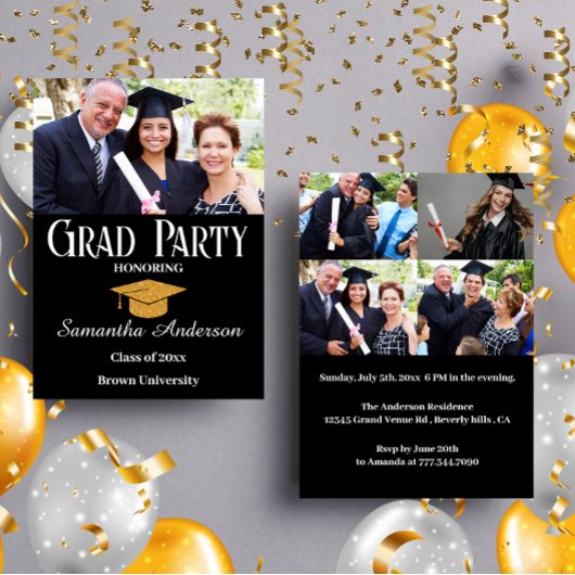 Modern Custom Photo Collage Black Graduparty Kaart