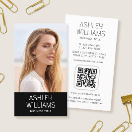 Modern Custom Photo Color QR Code Elegant Black Visitekaartje
