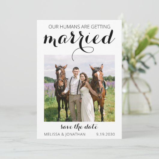 Modern Custom Photo Pet Equestrian Wedding Save The Date (Staand voorkant)