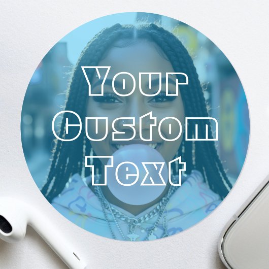 Modern Custom Photo Text Retro Blue Ronde Sticker