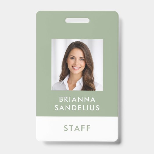 Modern Custom Script Sage Green Photo ID Name Badge (Voorzijde)