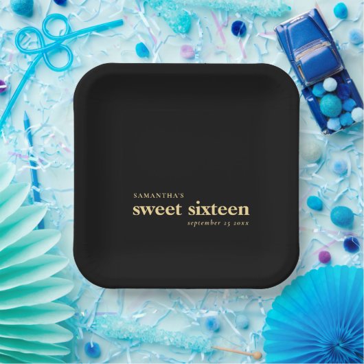 Modern Custom Sweet Sixteen Naam Goud Zwart Papieren Bordje (Feest)